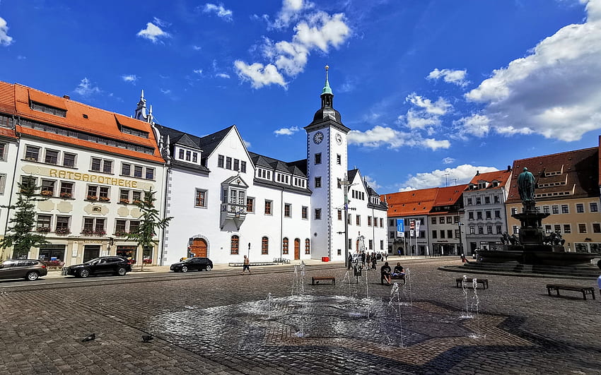Freiberg, Saxony, Germany, fountain, town, monument, clock, square, Germany, houses HD wallpaper