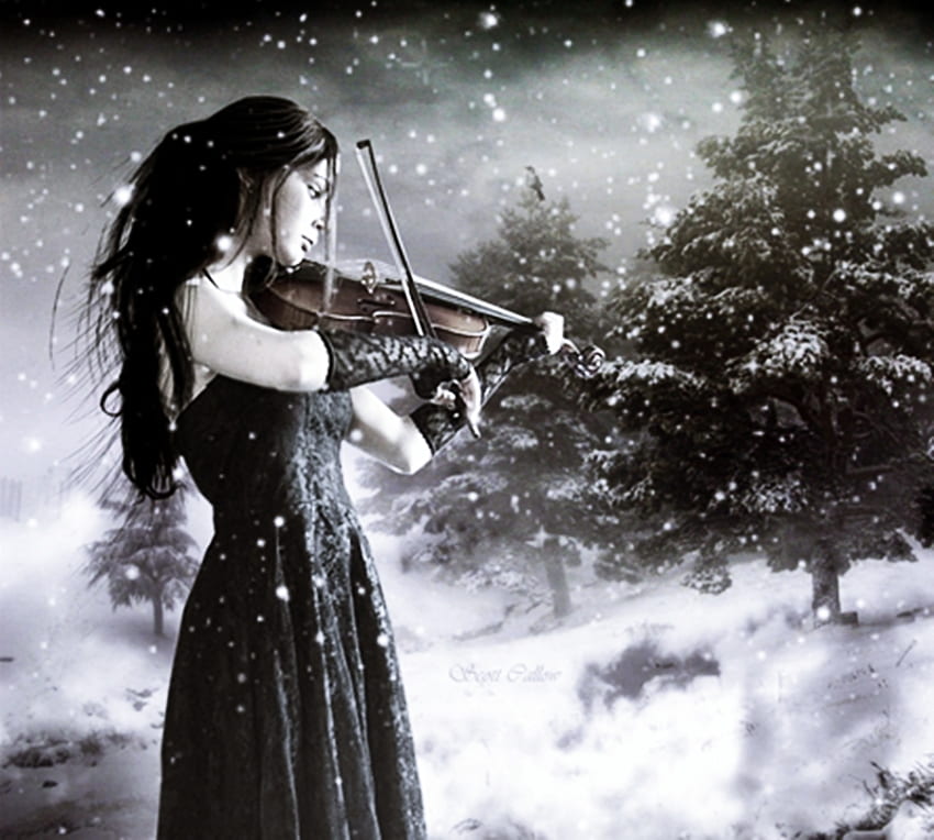 Winter Violin Lady, winter, snowy, music, haunting, lady in black HD wallpaper