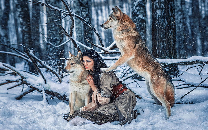 Her Friends, The Wolves, winter, girl, forest, snow, trees HD wallpaper