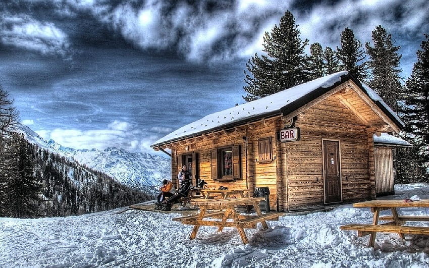 Mountain Bar, winter, bench, man, snow, clouds, benches, sky, cabin HD wallpaper