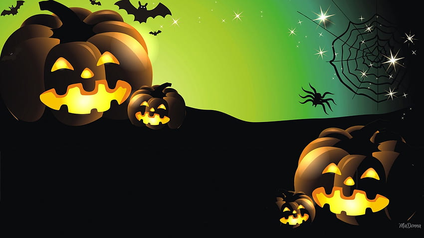 Happy Jack-O-Lanterns, spooky, spider, spiderweb, jack-o-lanterns, green, Halloween, web, smiles, bats HD wallpaper