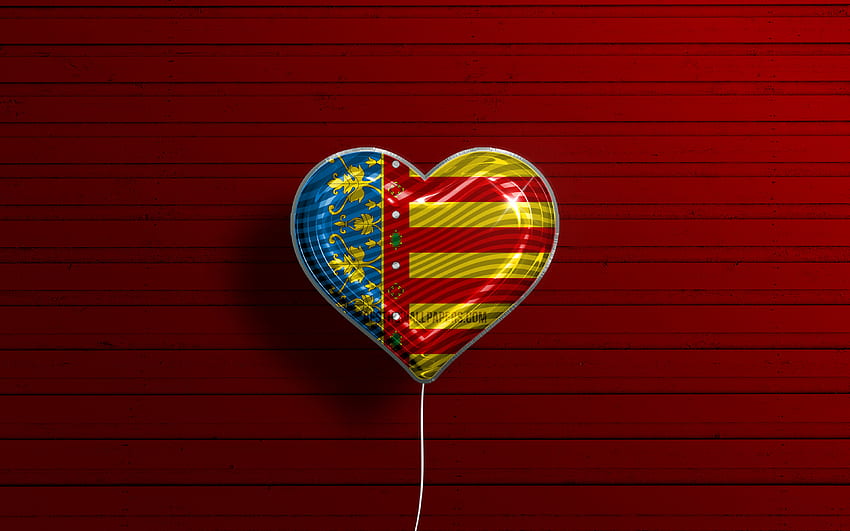 Kocham Walencję, realistyczne balony, czerwone drewniane tło, dzień Walencji, prowincje hiszpańskie, flaga Walencji, Hiszpania, balon z flagą, prowincje Hiszpanii, flaga Walencji, Walencja Tapeta HD