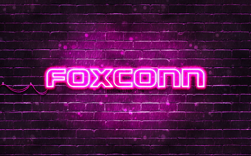 Foxconn の紫のロゴ、紫のブリックウォール、Foxconn のロゴ、ブランド、Foxconn のネオンのロゴ、Foxconn 高画質の壁紙