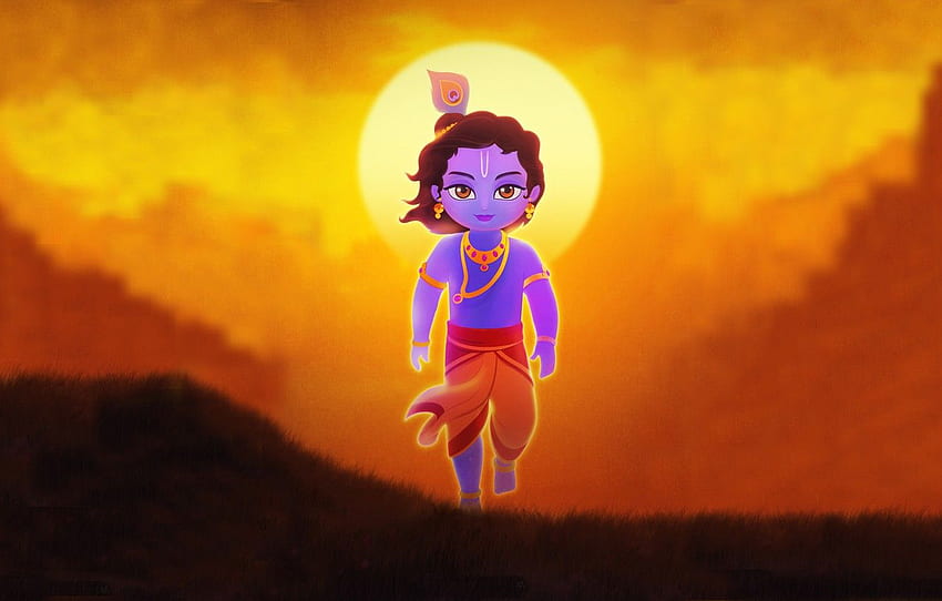 mira, puesta de sol, Gopal, Little Krishna for, Animated Krishna fondo de pantalla