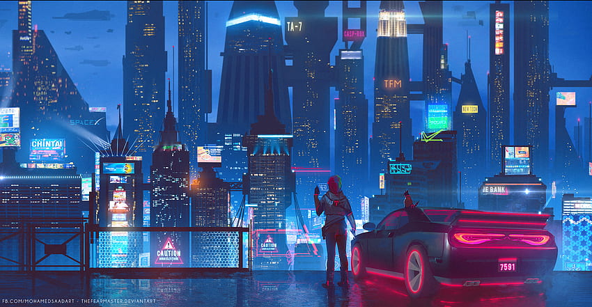 Download wallpaper 1366x768 city, car, bridge, futurism, cyberpunk, sci-fi  tablet, laptop hd background