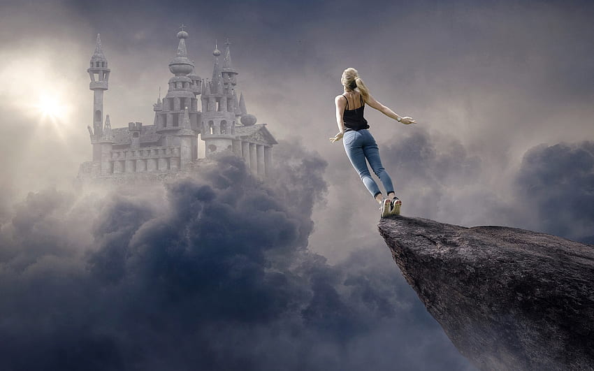 Girl Want To Fly, Clouds, Castle, Creative - Девушка В Позе Полет HD wallpaper