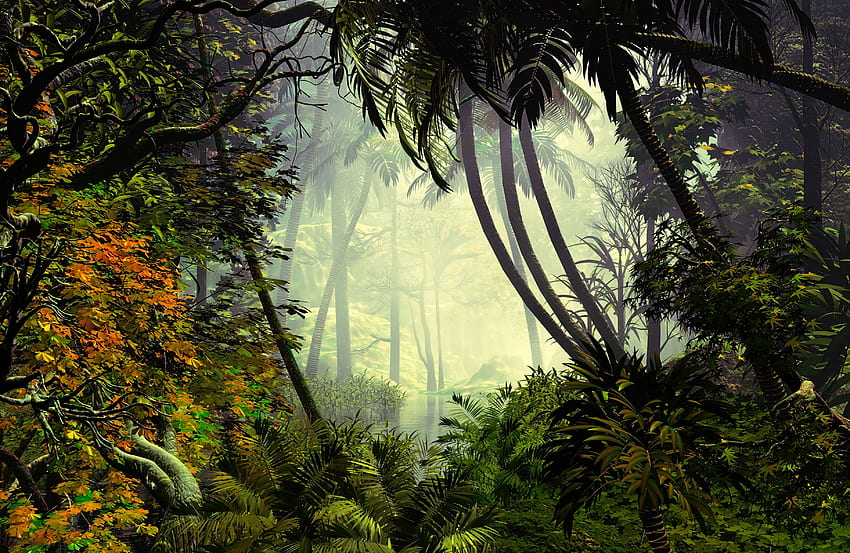 Drzewa, sztuka, palmy, mgła, dżungla Tapeta HD