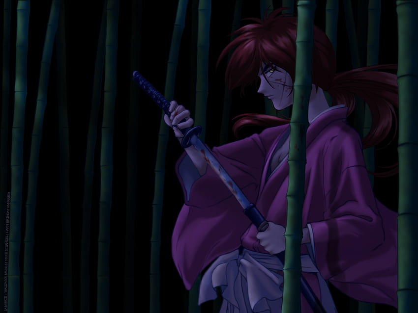 Himura Kenshin, noc, kenshin, rude włosy, bambus, długie włosy, samotny, pochwa, męski, miecz, Bronie, ciemny, ostrze, rurouni kenshin, anime, samuraj, ciemne tło, kenshin himura, blizna Tapeta HD