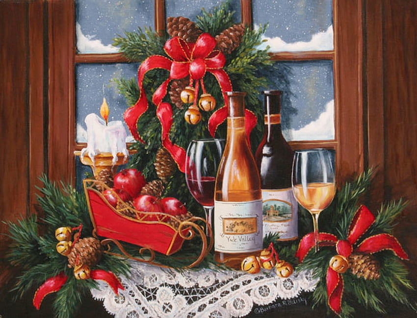 Christmas Cheer, table, fenêtre, napperon, pommes de pin, rubans, cloches, guirlande, pommes, peinture, bougie, neige, décorations, verres, bougeoir, vin, couronne Fond d'écran HD