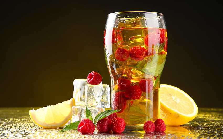 Summer drink, raspberry, food, summer, lemon, yellow, red, glass, fruit, drink, ice, vara HD wallpaper