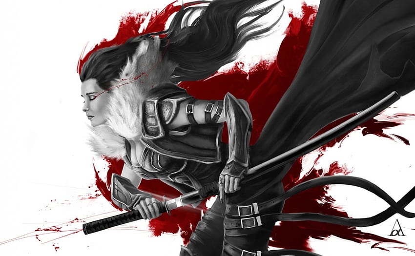 Fantasty Warrior, white, black, sword, armour, blood, woman HD wallpaper