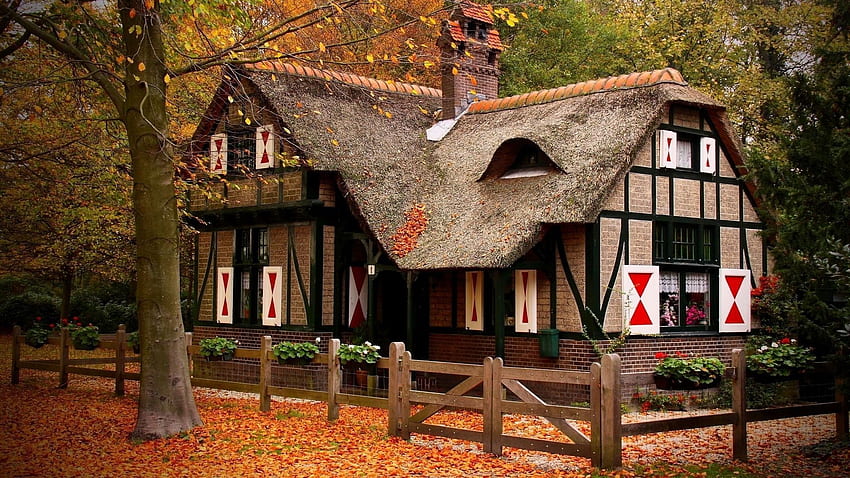 Къща Уютни есенни дървета. Домашен декор. Уютна вила с книга с разкази HD тапет