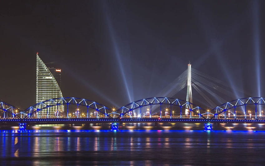 Cities, Rivers, Rays, Beams, Bridge, Cable Bridge, Riga, Cable-Stayed Bridge HD wallpaper