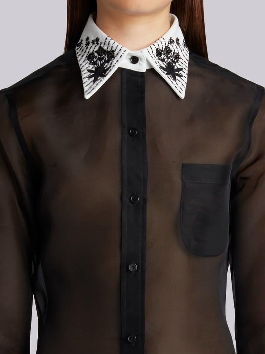 Long Sleeve Button Down With French Cuffs & Floral Emboidery In Black Double Organza. Thom Browne HD phone wallpaper