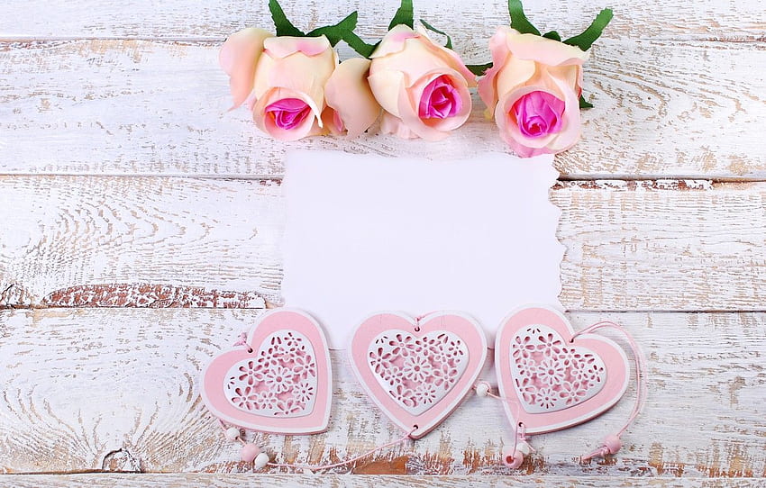 rosas, corações, amor, coração, madeira, rosa, flores, romântico, pétalas, rosas, rosas cor de rosa, pastel para, seção праздники - papel de parede HD
