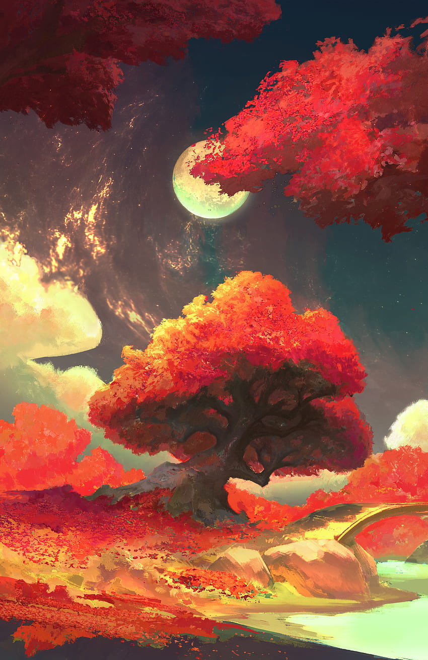 Nature, Trees, Art, Autumn, Moon HD phone wallpaper