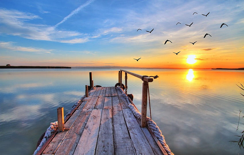 matahari terbenam, danau, burung camar, pemandangan, alam, matahari terbenam, danau, dermaga untuk , bagian пейзажи, Dermaga Danau Wallpaper HD