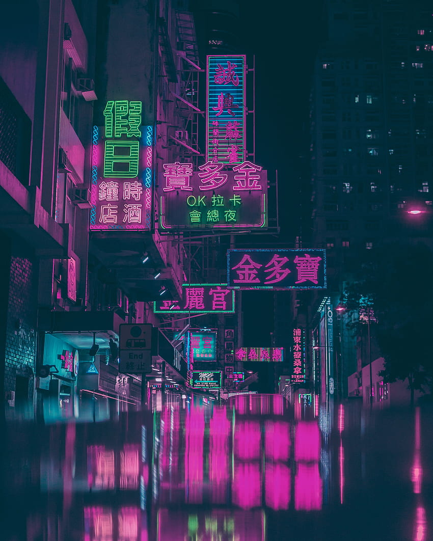 都市, 象形文字, 標識, 反射, 夜の街, ネオン, 通り, 香港, 香港特別行政区, 看板 HD電話の壁紙