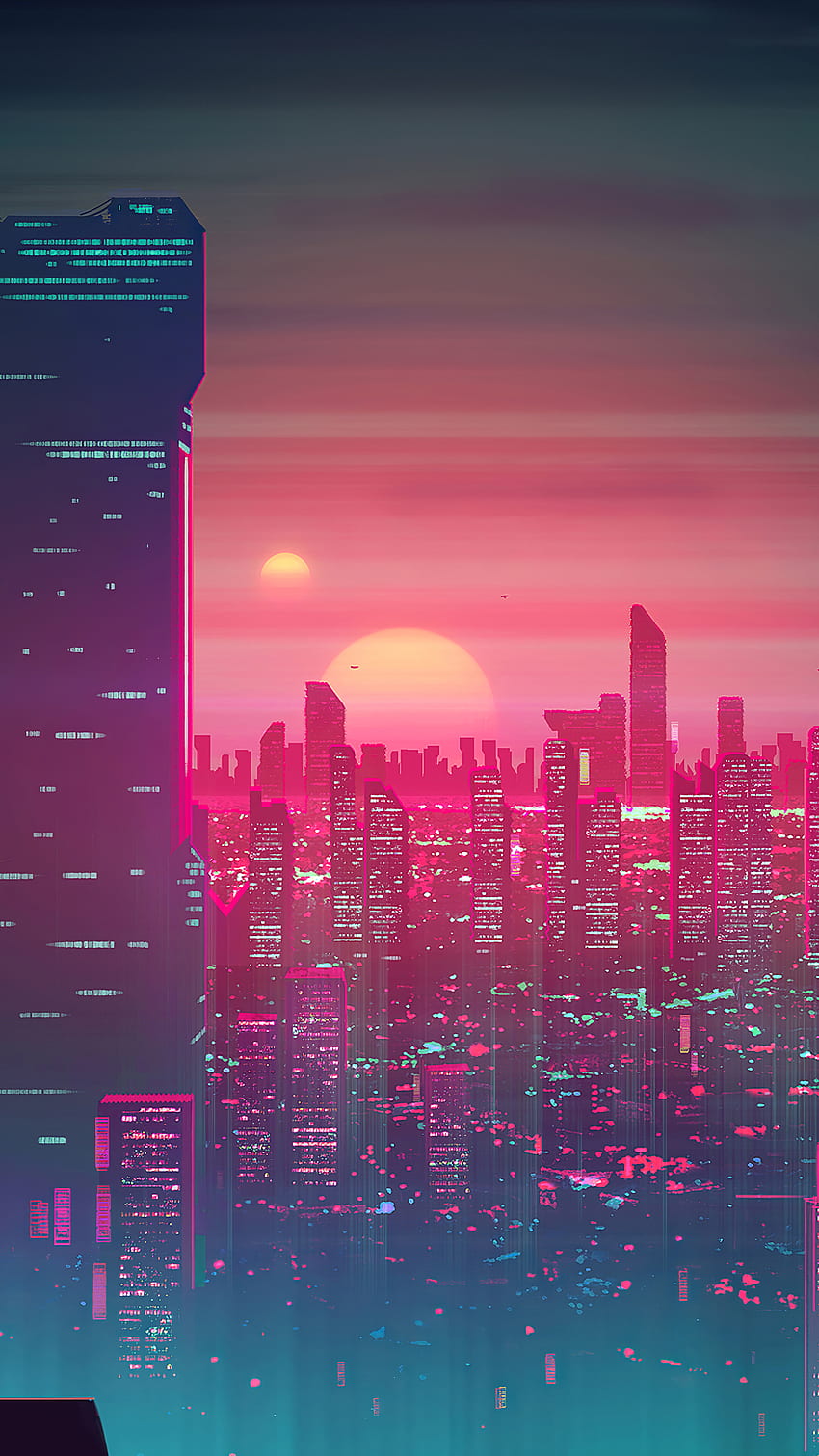 Sonnenuntergang, Stadt, Sci-Fi, Illustration, digitales Kunsttelefon, , Hintergrund und , Sonnenuntergang in der Stadt HD-Handy-Hintergrundbild