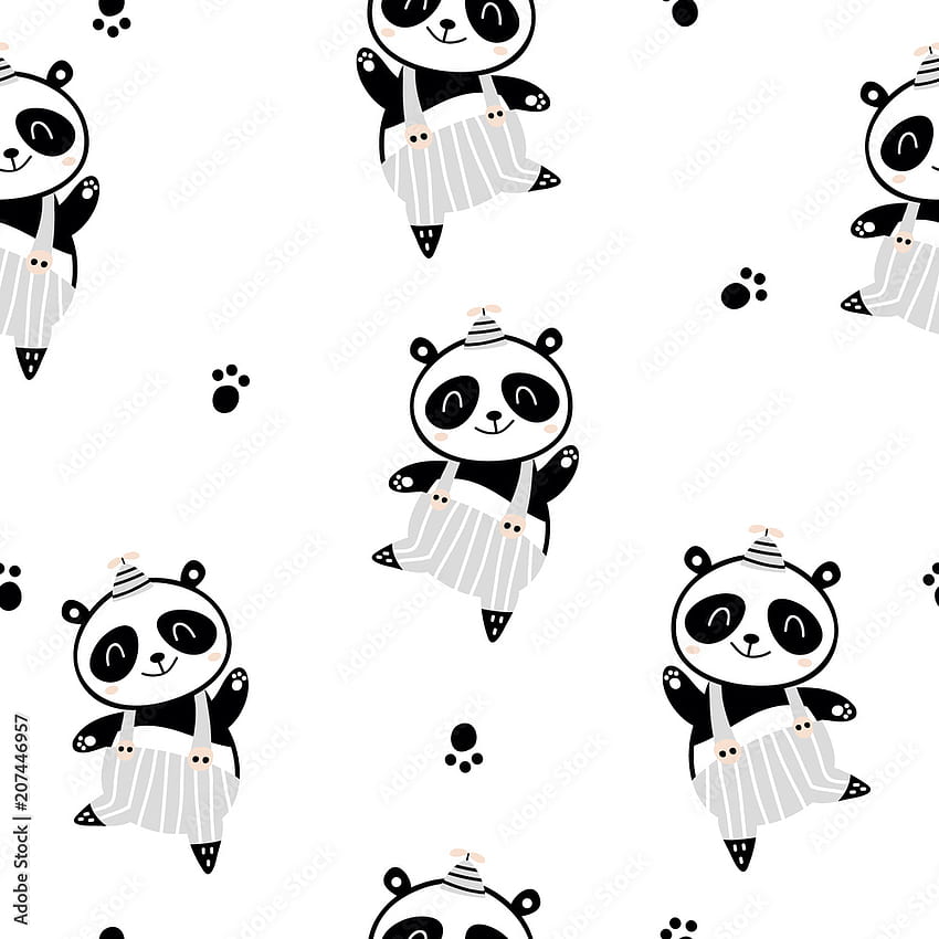 Patrón infantil impecable con un lindo panda en estilo blanco y negro. Textura creativa de niños escandinavos para tela, envoltura, textil, ropa. ilustración vectorial fondo de pantalla del teléfono