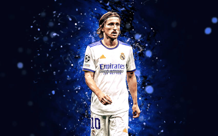 Luka Modric, , 2021, Real Madrid FC, footballeurs croates, La Liga, néons bleus, soccer, football, Real Madrid CF, LaLiga, Luka Modric , Luka Modric Real Madrid Fond d'écran HD