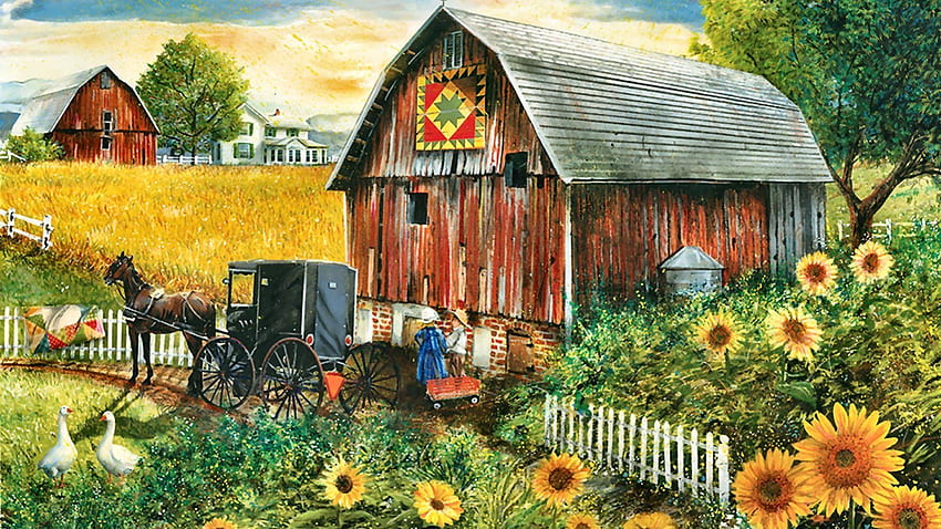 Los amish, la escena de la granja en el campo fondo de pantalla