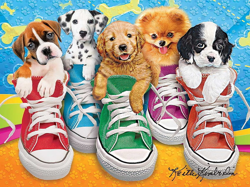 Puppies and sneakers, dog, animal, colorful, shoes, art, sneakers, cute, puppy, green, yellow, signed, red HD wallpaper