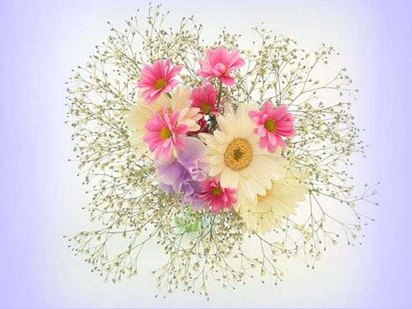 Hadiah musim semi, ungu, merah muda, putih, karangan bunga, bunga, musim semi Wallpaper HD
