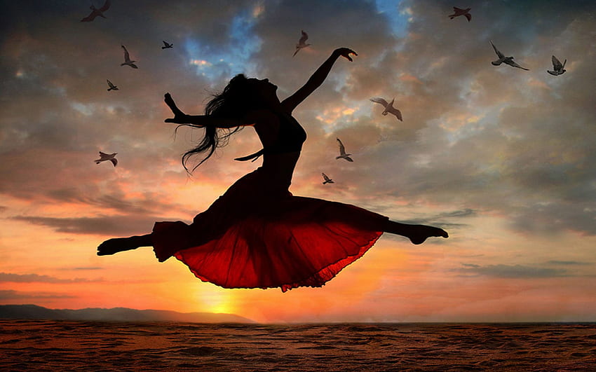Sea Gulls Gün Batımı Kızın Dansı, Dans Eden Kız HD duvar kağıdı