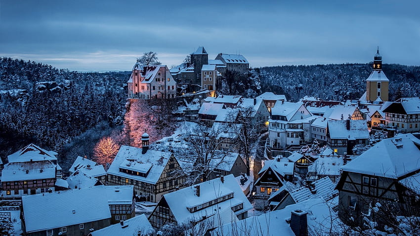 kış, kış, sabah, kasaba, kale, tepede hohnstein kalesi ve kasaba HD duvar kağıdı