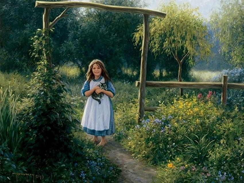 Por el sendero del jardín *Pintura de Robert Duncan, gatito, robert duncan, pintura, arte, camino, gato, naturaleza, niña fondo de pantalla