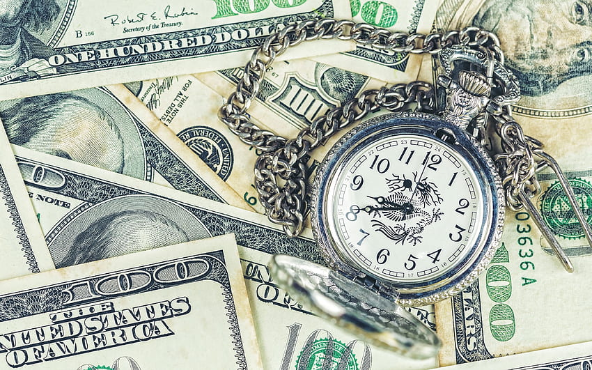 time is money, Pocket Watch on dollars, old HD wallpaper