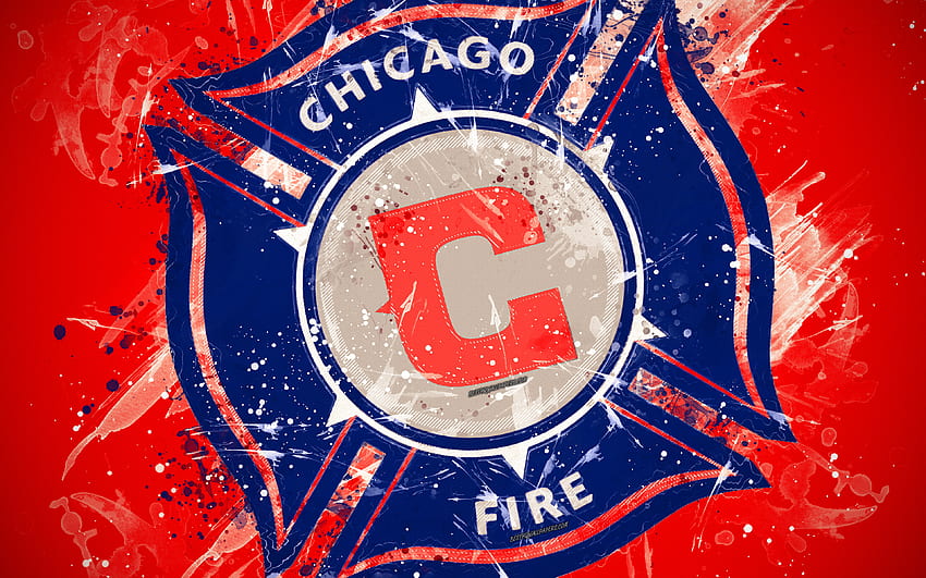 Chicago Fire, , paint art, American football team, creative, logo, MLS, emblem, red background, grunge style, Chicago, USA, football, Major League Soccer for with resolution . High Quality , Chicago Fire HD wallpaper