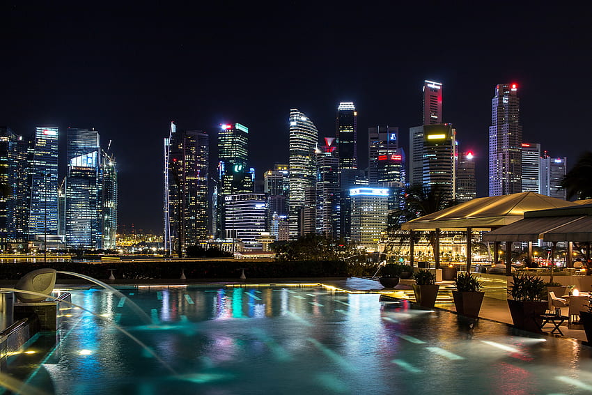 Miasta, noc, drapacze chmur, Singapur, pokaz świetlny Tapeta HD