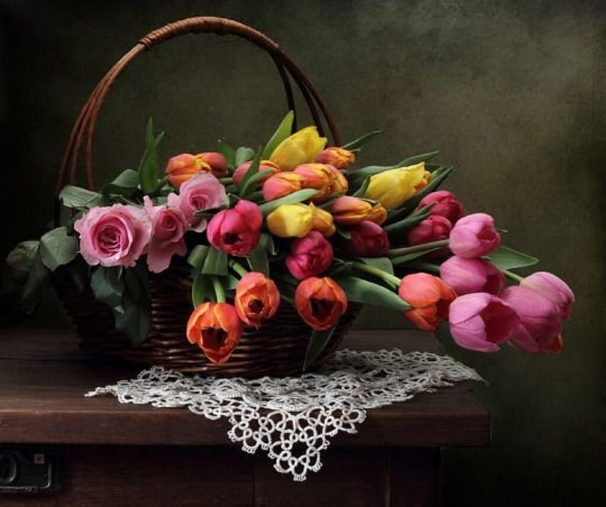 Bukiet, Róże, Kwiaty, Tulipany Tapeta HD