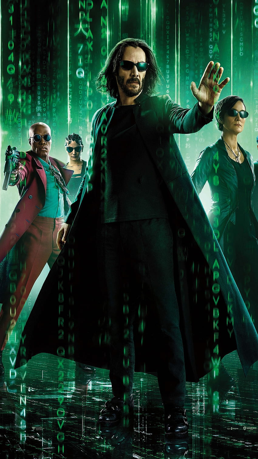 Matrix Resurrections, технология, стоене, зелено, филм, черно, Киану Рийвс HD тапет за телефон