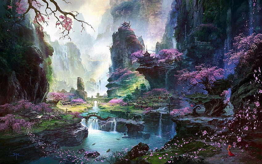 Pintura do mundo fantástico, paisagens orientais da primavera, paisagem em aquarela papel de parede HD