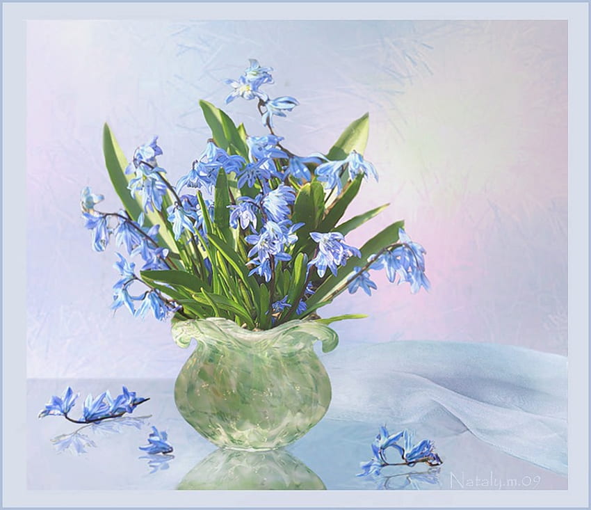 Delight Biru, biru, kain tipis, lukisan, kelopak, vas, tanaman hijau, kaca, bunga Wallpaper HD
