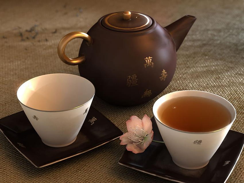 време за чай, чаши, чайник, златисто, розово, кафяво, чай, цвете, порцелан HD тапет