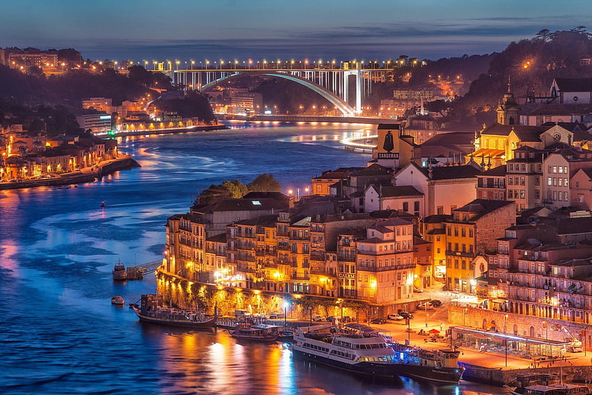 Portekiz gün batımı akşam nehir su şehirler binalar evler köprüler HD duvar kağıdı