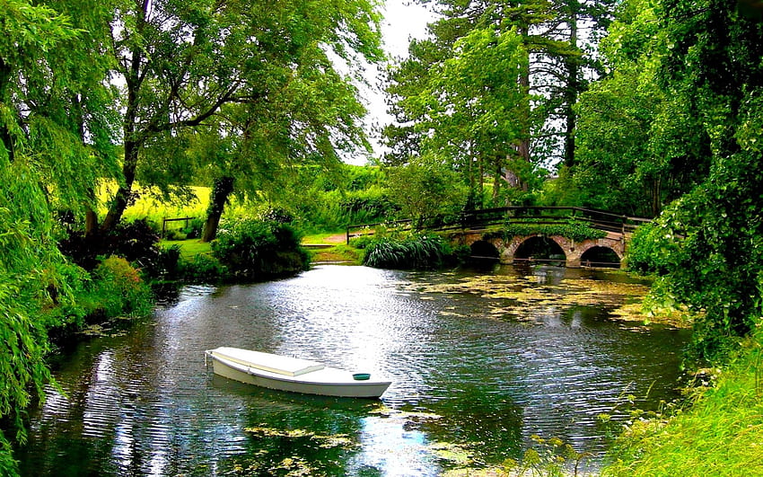 BARCO DE DESCANSO, verde, barco, árboles, puente, parque, estanque fondo de pantalla