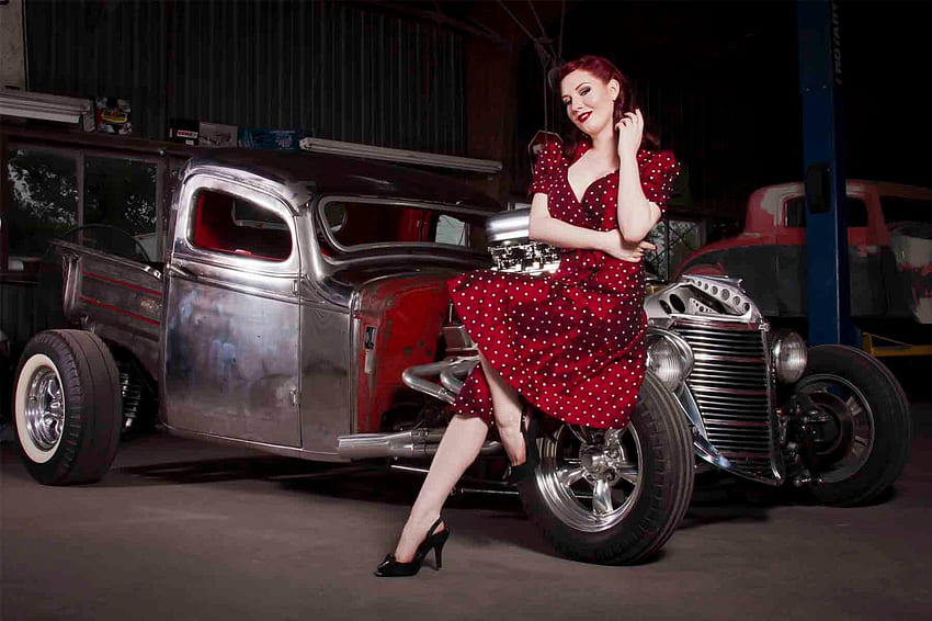 :), vintage, car, red, girl, dress, woman HD wallpaper
