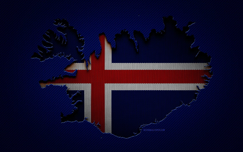 Carte de l'Islande, , Pays européens, drapeau islandais, fond de carbone bleu, silhouette de carte de l'Islande, drapeau de l'Islande, Europe, carte islandaise, Islande, drapeau de l'Islande Fond d'écran HD