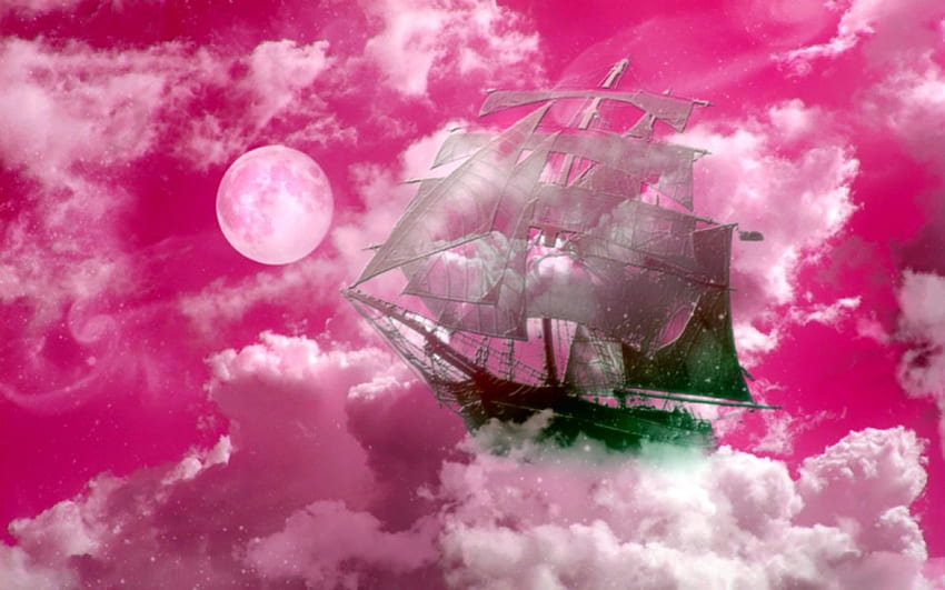 Journey in the sky, boat, pink, abstract, moon, clouds, sky HD wallpaper