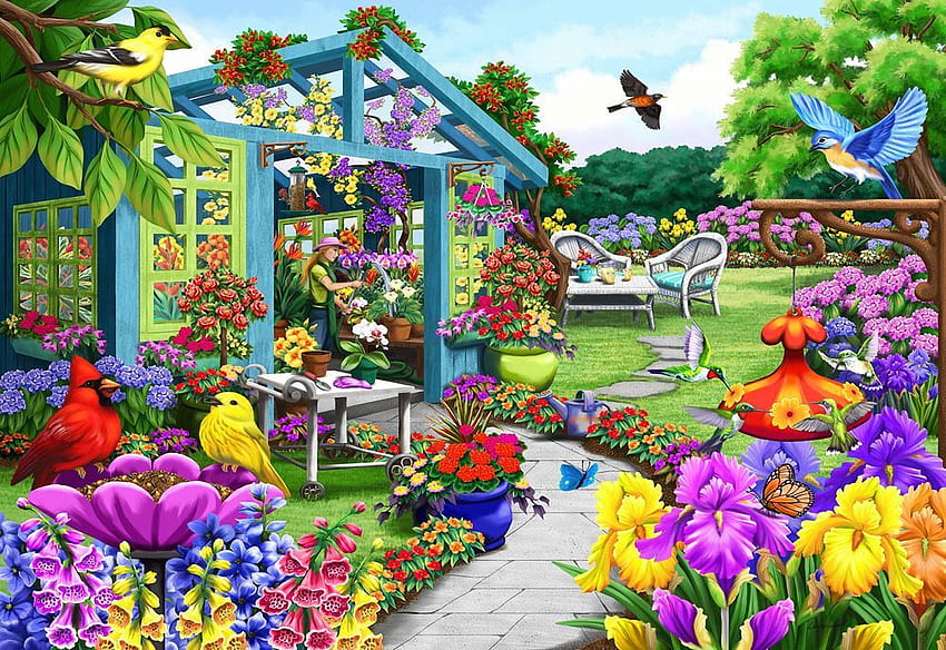 Kicau burung - Jalan menuju Rumah Kaca, karya seni, burung, lukisan, pohon, warna, taman, bunga Wallpaper HD