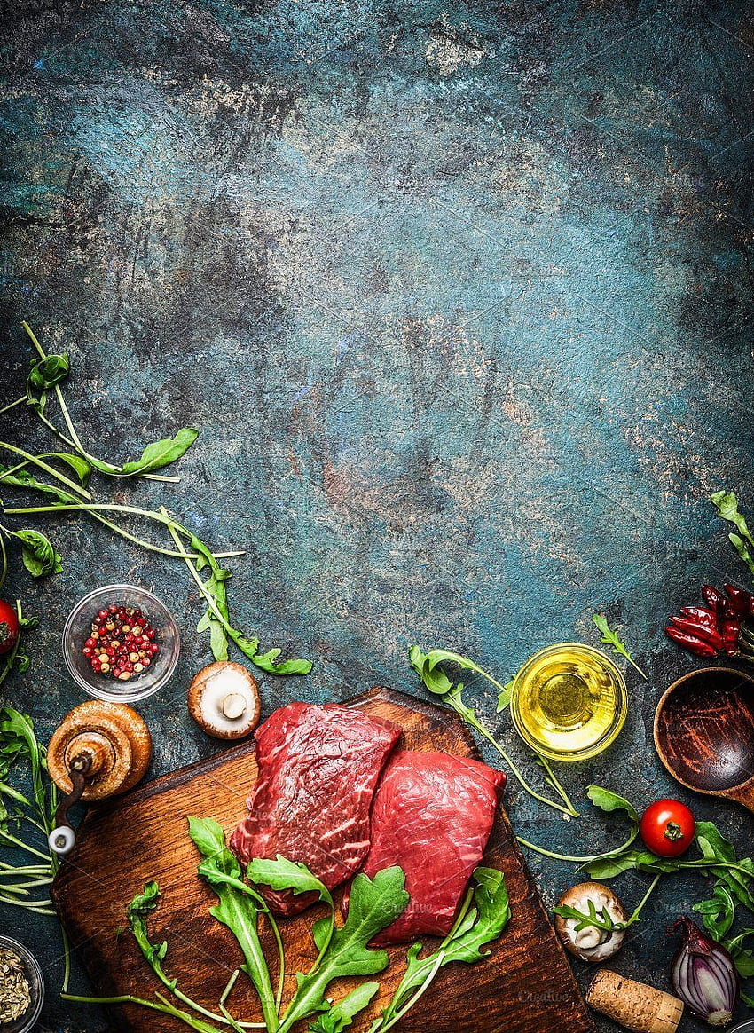 Raw steaks with cooking ingredients. Food menu design, Cooking ingredients, Food concept HD phone wallpaper