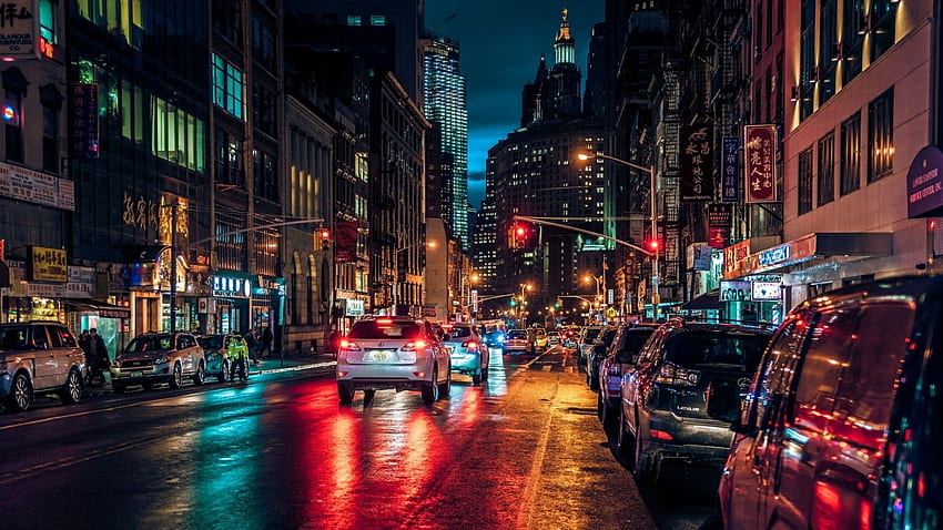 Nueva York de noche, calle de Nueva York fondo de pantalla