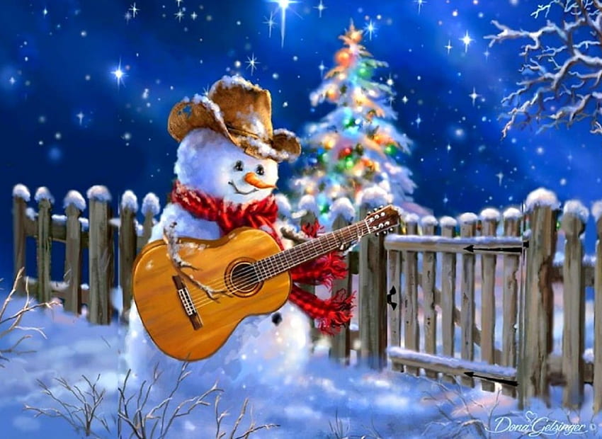 Guitar Snowman, winter, holidays, New Year, attractions in dreams, guitar, paintings, stars, snowman, love four seasons, Christmas, snow, xmas and new year, christmas tree HD wallpaper