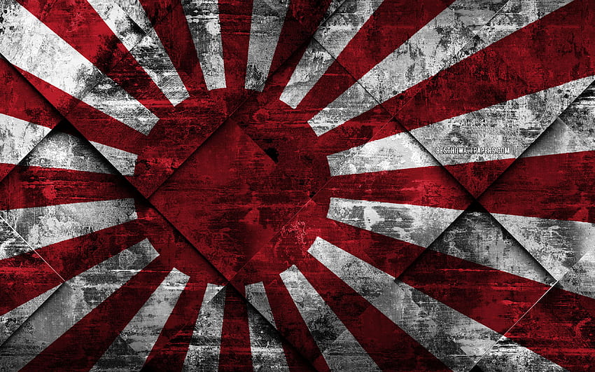 Flagge der aufgehenden Sonne von Japan, kaiserliche japanische Flagge, Flagge der japanischen maritimen Selbstverteidigungsstreitkräfte, japanische Flagge, Grunge-Kunst, Rhombus-Grunge-Textur, Japan für mit Auflösung. Gute Qualität HD-Hintergrundbild