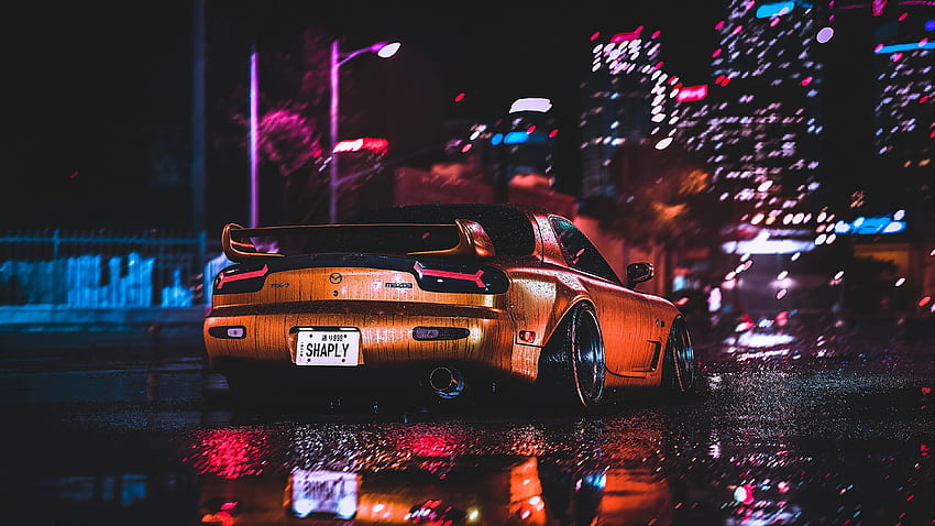 Luces de la noche de la ciudad de Mazda Rx7, coche estético fondo de pantalla